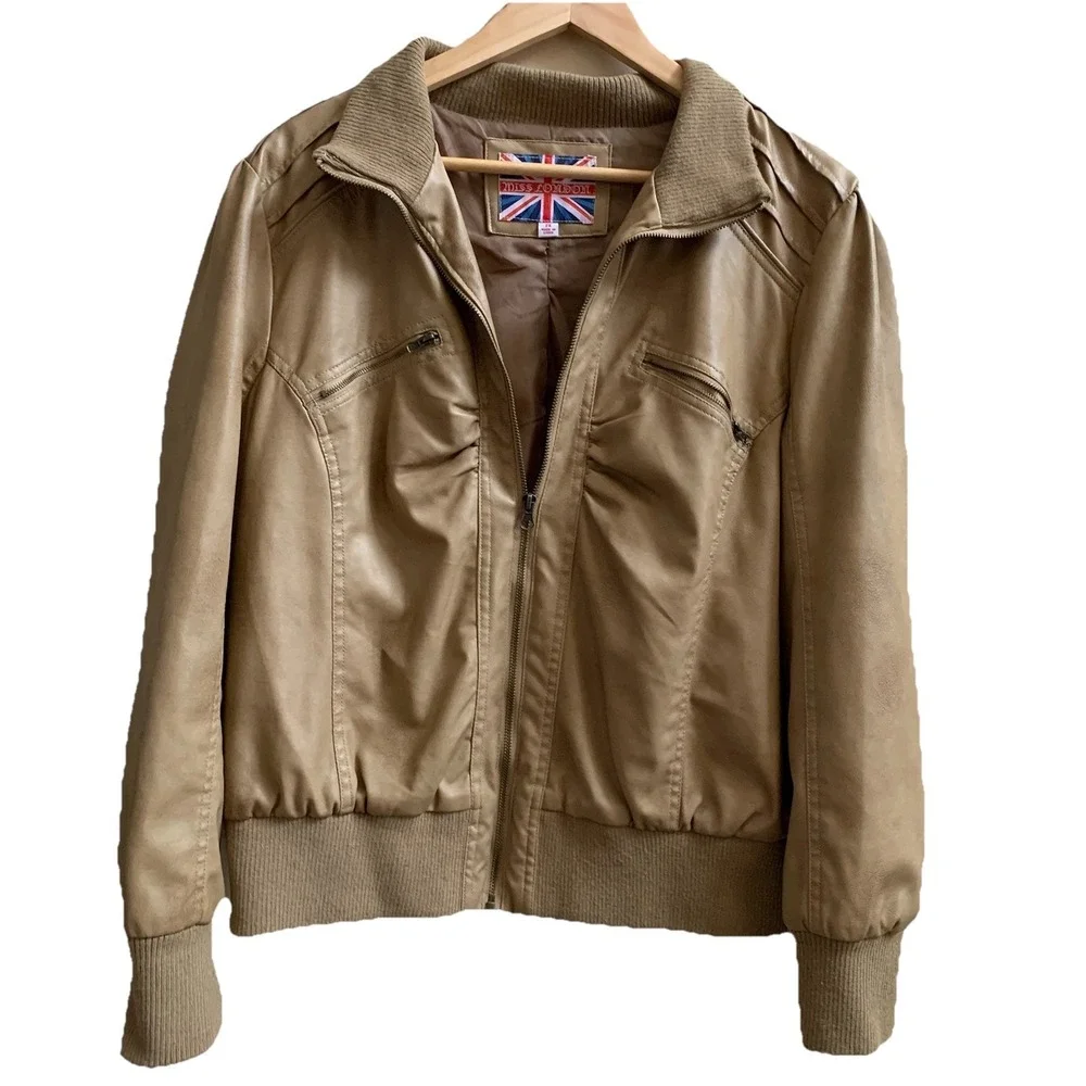 Women's Miss London Faux Leather Moto Zip Biker Bomber JACKET SZ-2X (light brown